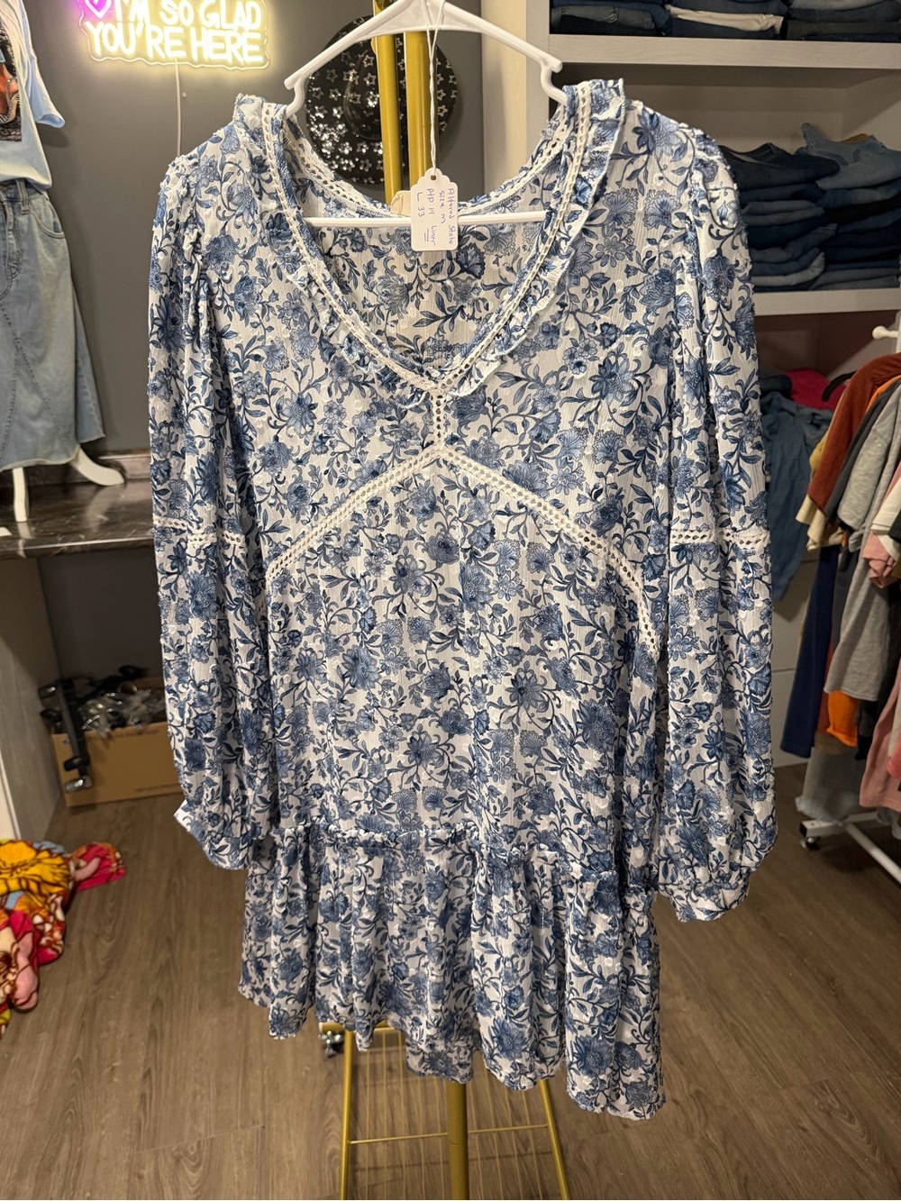 Altar'd State Blue and White Floral Lace-Trim Blouse